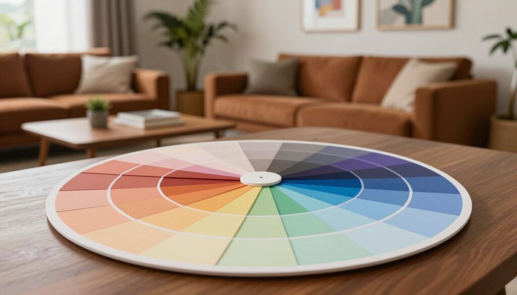 A beautifully arranged color wheel, showcasing a spectrum of harmonious colors, is set in the foreground. Each hue radiates outward from a central point, blending smoothly from warm earthy tones like terracotta and rust to cool shades of green, blue, and violet. In the middle ground, a stylish, modern living space features brown furniture, such as a plush sofa and wooden coffee table, pairing expertly with soft-colored walls that reflect the tones from the color wheel. The background includes subtle accents of houseplants and art pieces that embody natural elements. Soft, ambient lighting illuminates the scene, creating a warm and inviting atmosphere, captured from a slightly elevated angle to highlight the arrangement's aesthetic appeal and functionality in interior design.