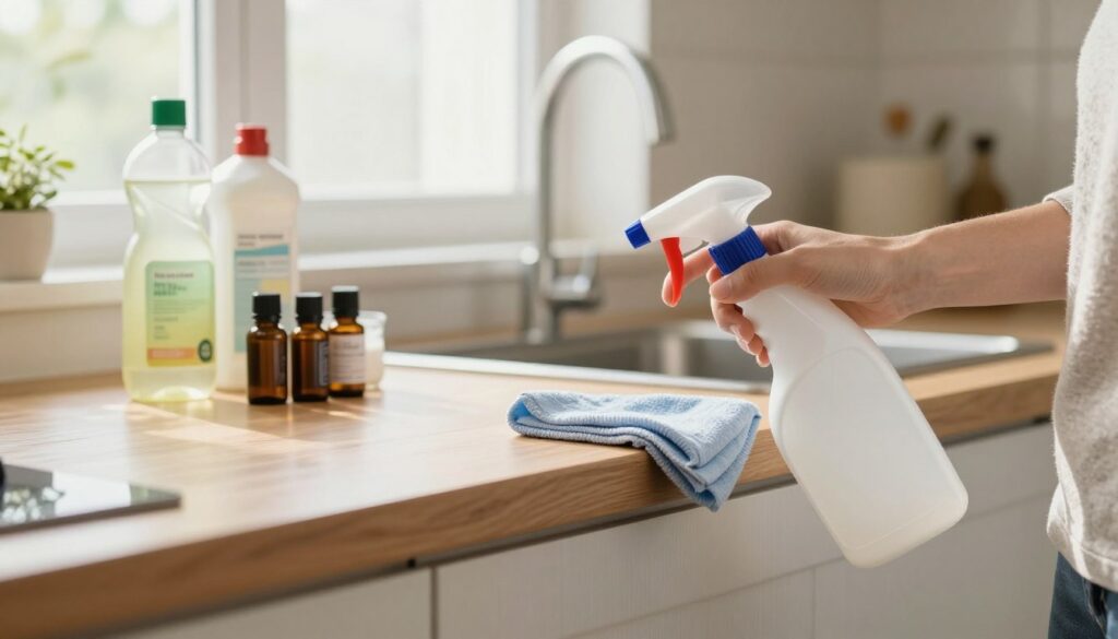 A beautifully arranged kitchen scene showcasing effective domestic cleaning solutions for matte kitchen furniture. In the foreground, a wooden cabinet with a matte finish, reflecting soft natural light, is being cleaned with a spray bottle and a microfiber cloth held by a person in modest casual clothing. The middle layer features various natural cleaning products like vinegar, baking soda, and essential oils arranged neatly on the countertop. In the background, bright windows allow sunlight to stream in, creating a warm and inviting atmosphere. The overall mood is fresh and clean, highlighting a sense of practicality and home comfort, captured with a shallow depth of field to focus on the cleaning action while softly blurring the background.