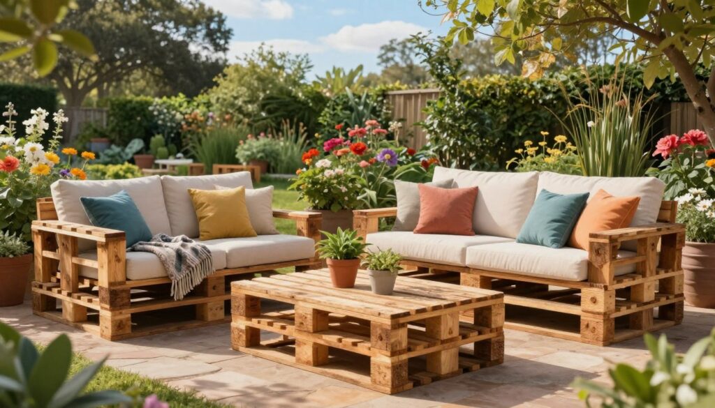 A beautifully arranged outdoor scene featuring a cozy furniture set made from wooden pallets. In the foreground, a comfortable pallet sofa with colorful cushions, a rustic pallet coffee table adorned with potted plants, and a few decorative throw blankets. In the middle, there are additional pallet chairs creating a warm seating area. The background showcases a lush garden with vibrant flowers and greenery, a clear blue sky, and gentle sunlight filtering through the trees. The atmosphere is inviting and relaxed, evoking a sense of tranquility and leisure. The lighting is soft and warm, enhancing the organic textures of the wooden pallets. This scene should inspire creativity and the idea of DIY outdoor furniture design.