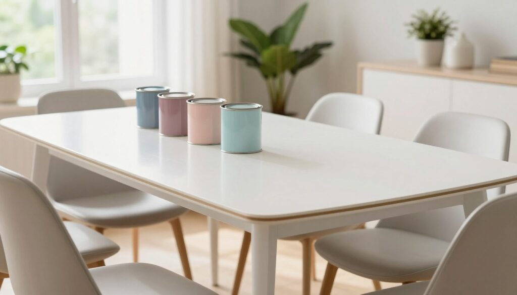 A beautifully arranged scene showcasing a modern furniture piece made of laminated veneer. In the foreground, a sleek, elegantly designed dining table with a smooth, glossy finish reflects the light. Surrounding the table are stylish chairs that harmonize with the table’s design, emphasizing the laminate surface. The middle ground features various paint cans in soft pastel colors, highlighting suitable options for painting laminated furniture. In the background, a bright, airy room with natural light streaming through large windows creates an inviting atmosphere, adorned with houseplants that add a touch of greenery. The overall mood is fresh and stylish, capturing the essence of modern home decor while focusing on the specifics of painting laminate furniture. Use soft, diffused lighting to enhance the textures and colors.