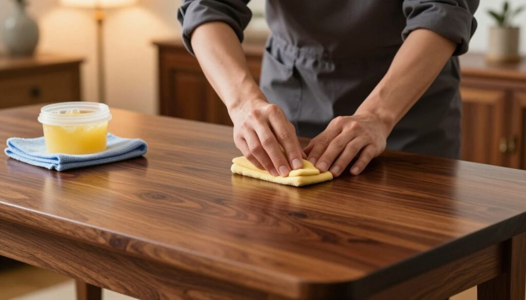 A beautifully arranged scene showcasing a polished, waxed wooden table in the foreground, highlighting its rich, deep brown tones and intricate grain patterns. On the table, there's a set of professional cleaning tools, including a soft cloth and a container of natural wax, demonstrating a careful cleaning process. In the middle, a pair of hands dressed in modest, professional attire gently buffing the surface, emphasizing the need for a meticulous approach to maintain the furniture’s integrity. The background features a softly lit interior with warm, ambient lighting, enhancing the inviting atmosphere of the room. The overall mood is calm and focused, suggesting a specialized approach to caring for waxed furniture without causing scratches or discoloration. The image should be clear and vibrant, capturing the essence of furniture care.