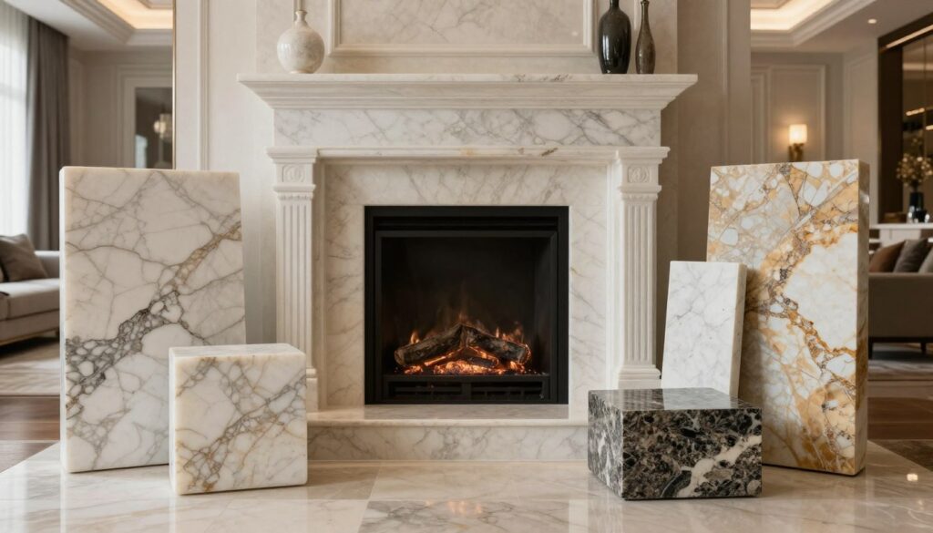 A beautifully arranged still life featuring elegant natural stone materials, such as marble and granite, displayed prominently in the foreground. In the middle, a luxurious fireplace surrounds crafted from the polished stones, showcasing their texture and color variety in soft lighting. The background reveals a tastefully designed modern living room that harmonizes with classic elements, emphasizing the juxtaposition of styles. The lighting is warm and inviting, with soft shadows that accentuate the stone's natural patterns. The atmosphere radiates sophistication and durability, embodying the essence of natural stone as a timeless choice for interior design. The composition is captured from a slightly elevated angle, providing depth and highlighting the details of the textures.