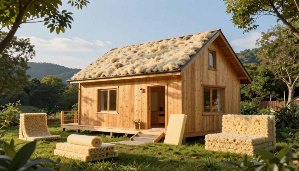 A beautifully constructed wooden house, demonstrating excellent thermal insulation features, is situated in a lush green environment. In the foreground, visualize energy-efficient insulation materials, such as natural wool and sustainable foam boards, meticulously displayed around the house, suggesting warmth and comfort. The middle ground features the wooden house itself, bathed in warm, golden sunlight, highlighting its charming architecture. Soft shadows cast by trees enhance the inviting atmosphere. In the background, distant hills are visible under a bright blue sky, symbolizing tranquility. Capture this scene from a slightly elevated angle, using a wide lens to encompass both the house and its serene surroundings, conveying a sense of security and sustainability in building practices. The overall mood is one of warmth and environmental harmony.