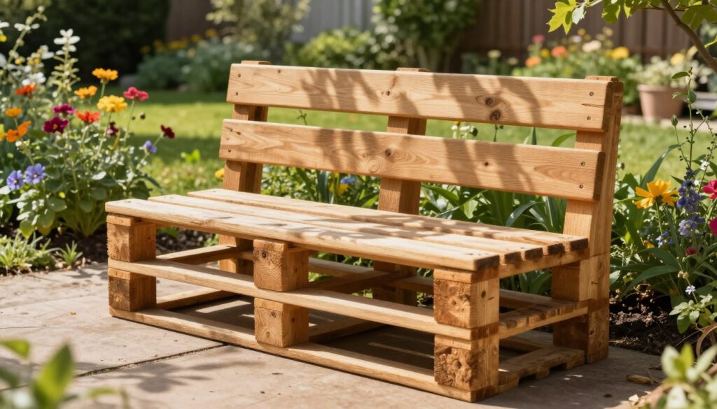 A beautifully crafted outdoor bench made from wooden pallets, showcasing a sturdy and ergonomic design with a comfortable backrest. The foreground features the bench emphasized by natural wood textures, accentuated by the light filtering through leaves above, creating dappled shadows on the surface. In the middle ground, a serene garden is depicted, with vibrant flowers and lush greenery inviting a sense of tranquility. The background includes a soft-focus scene of a sunlit yard, enhancing the warm and inviting atmosphere. Ideal lighting captures the midday sun, casting a gentle glow, while a slight angle conveys depth and dimension to the bench. The overall mood is peaceful and inspiring, ideal for outdoor relaxation and showcasing DIY furniture.