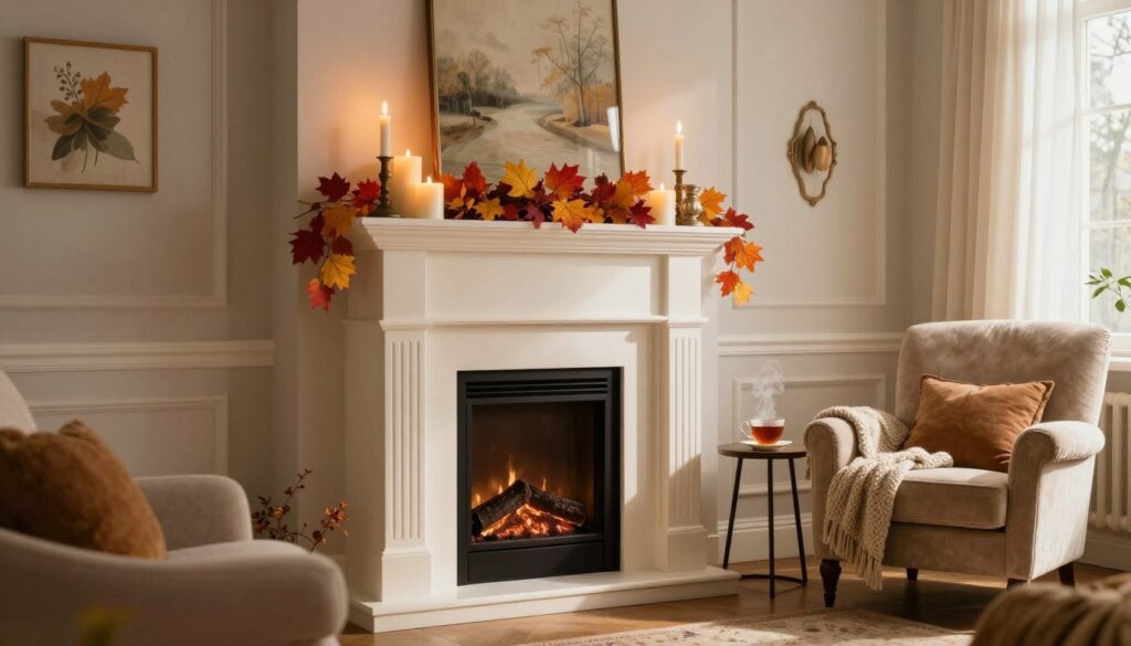 A beautifully decorated fireplace as the focal point of a cozy living room, showcasing seasonal decorations that reflect the style of the space. In the foreground, a classic mantel adorned with elegant candles, vibrant autumn leaves, and decorative pieces in warm colors. The middle ground features an inviting armchair with a knitted throw and a small side table with a steaming cup of tea. The background reveals a softly lit room with a tasteful piece of art on the wall and a window draped in sheer fabric, allowing natural light to filter in. The atmosphere should be warm and inviting, evoking a sense of comfort and style, with soft shadows and highlights enhancing the cozy ambiance.