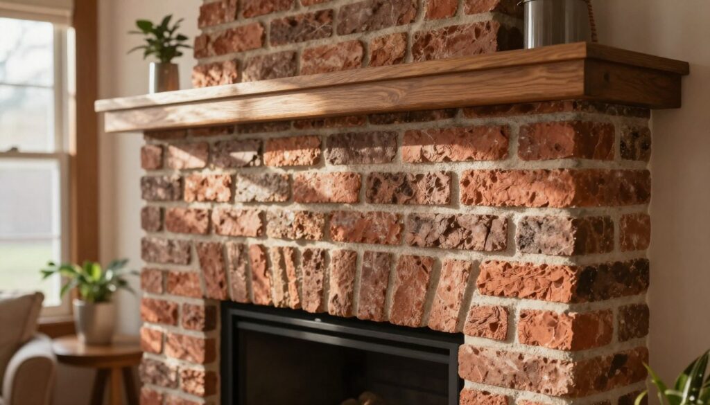 A beautifully designed brick fireplace surround, showcasing a professional masonry technique. In the foreground, focus on the intricate pattern of red and brown bricks, arranged with precision, representing quality craftsmanship. The middle ground features a cozy living space with wood accents and a warm color palette, emphasizing an inviting atmosphere. Soft, natural lighting filters through a nearby window, casting gentle shadows across the fireplace, enhancing the texture of the bricks. In the background, a subtle hint of green from plants complements the rustic interior decor. The scene conveys a professional and polished look, perfect for illustrating the art of brick fireplace installation in a domestic setting. A beautifully designed brick fireplace surround, showcasing a professional masonry technique. In the foreground, focus on the intricate pattern of red and brown bricks, arranged with precision, representing quality craftsmanship. The middle ground features a cozy living space with wood accents and a warm color palette, emphasizing an inviting atmosphere. Soft, natural lighting filters through a nearby window, casting gentle shadows across the fireplace, enhancing the texture of the bricks. In the background, a subtle hint of green from plants complements the rustic interior decor. The scene conveys a professional and polished look, perfect for illustrating the art of brick fireplace installation in a domestic setting.