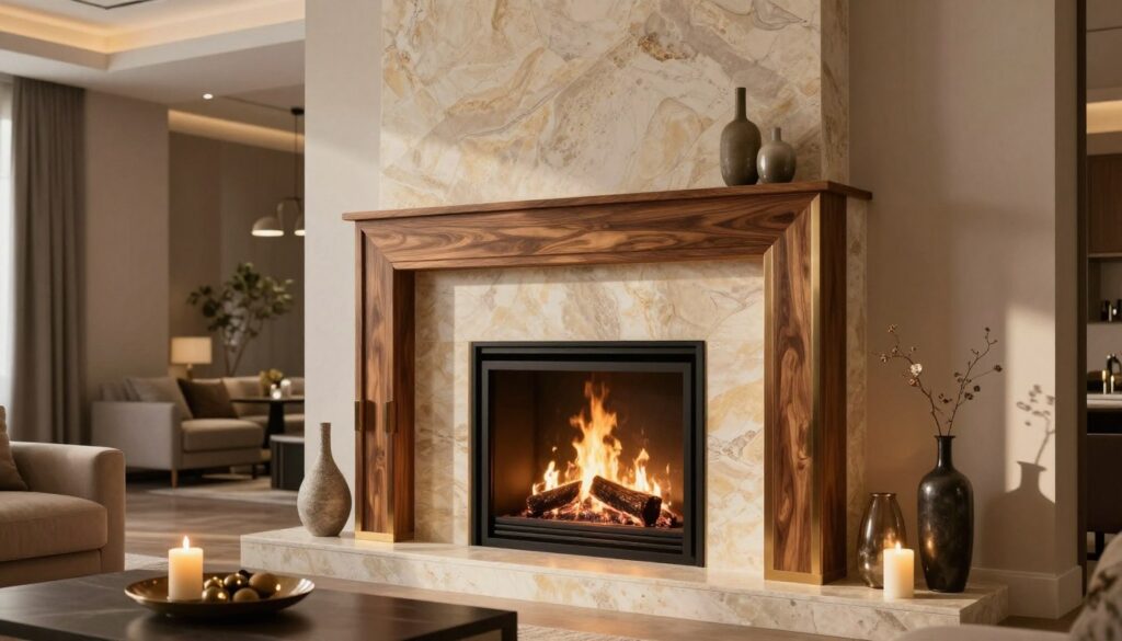A beautifully designed fireplace surround in a modern living room, showcasing elegant materials like polished stone, sleek wood, and warm metal accents. The foreground features a cozy setting with a glowing fire, surrounded by artistic decor elements such as candles and vases. In the middle, the fireplace structure stands out, highlighting intricate craftsmanship and attention to detail, with a mix of textures. The background reveals a softly lit space with tasteful furniture that complements the fireplace, creating a harmonious atmosphere. The lighting is warm and inviting, casting gentle shadows and enhancing the overall elegance of the scene. A wide-angle perspective captures the entire ensemble, evoking a sense of comfort and style. A beautifully designed fireplace surround in a modern living room, showcasing elegant materials like polished stone, sleek wood, and warm metal accents. The foreground features a cozy setting with a glowing fire, surrounded by artistic decor elements such as candles and vases. In the middle, the fireplace structure stands out, highlighting intricate craftsmanship and attention to detail, with a mix of textures. The background reveals a softly lit space with tasteful furniture that complements the fireplace, creating a harmonious atmosphere. The lighting is warm and inviting, casting gentle shadows and enhancing the overall elegance of the scene. A wide-angle perspective captures the entire ensemble, evoking a sense of comfort and style.