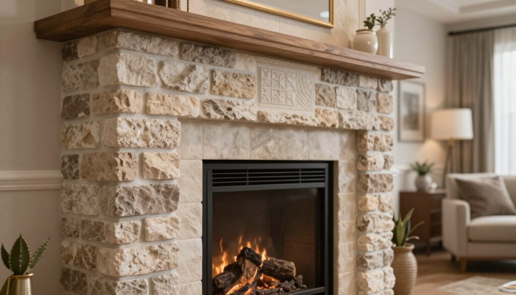 A beautifully designed fireplace surround, showcasing a combination of safe materials like stone, brick, and decorative panels, highlighting the artistry involved in fireplace construction. In the foreground, feature a close-up view of finely textured stone cladding and polished bricks, emphasizing detail and craftsmanship. The middle ground reveals the completed fireplace structure, surrounded by warm, ambient lighting that creates a cozy atmosphere, highlighting the interplay between materials. In the background, a soft, modern living room setting adds context, featuring comfortable seating and inviting decor. Use soft, natural lighting to enhance the warm tones of the fireplace materials. The overall mood should evoke comfort and elegance, perfect for showcasing various finishing materials in a stylish home environment. A beautifully designed fireplace surround, showcasing a combination of safe materials like stone, brick, and decorative panels, highlighting the artistry involved in fireplace construction. In the foreground, feature a close-up view of finely textured stone cladding and polished bricks, emphasizing detail and craftsmanship. The middle ground reveals the completed fireplace structure, surrounded by warm, ambient lighting that creates a cozy atmosphere, highlighting the interplay between materials. In the background, a soft, modern living room setting adds context, featuring comfortable seating and inviting decor. Use soft, natural lighting to enhance the warm tones of the fireplace materials. The overall mood should evoke comfort and elegance, perfect for showcasing various finishing materials in a stylish home environment.