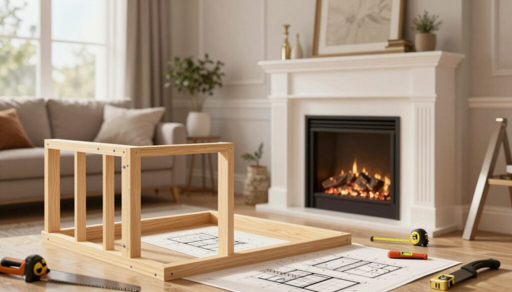 A beautifully designed fireplace surround showcasing a step-by-step construction approach. In the foreground, the focus is on a partially built wooden frame structure, illustrating the process with precise details like screws and architectural plans. The middle ground features tools like a saw, measuring tape, and a level, emphasizing the DIY aspect. In the background, a modern living room setting, softly lit by natural light from a nearby window, creates a warm atmosphere. The room's decor is cozy with earthy tones and elegant finishes, enhancing the inviting feel. No people should be present in the image, ensuring a clean and professional illustration free from distractions.