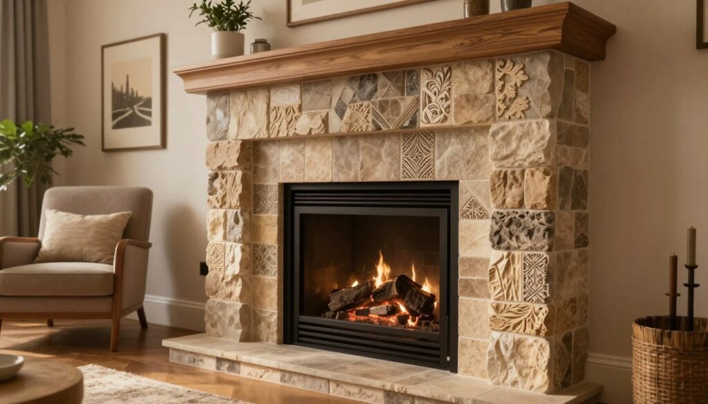 A beautifully designed fireplace surround showcasing a variety of finishing techniques. In the foreground, intricate stone and tile patterns enhance the elegance of the structure, integrating warmth and texture. The middle ground features a cozy, well-lit living room with a stylish armchair beside the fireplace, emphasizing the inviting atmosphere. Soft, ambient lighting highlights the natural materials, creating a warm glow that enhances the aesthetic appeal. The background includes subtle elements of home decor, such as potted plants and artwork, enhancing the overall environment without overwhelming the scene. The photograph is taken from a slightly elevated angle, contributing to an elegant composition that underscores the craftsmanship and artistry of the fireplace surround, conveying a sense of comfort and sophistication.