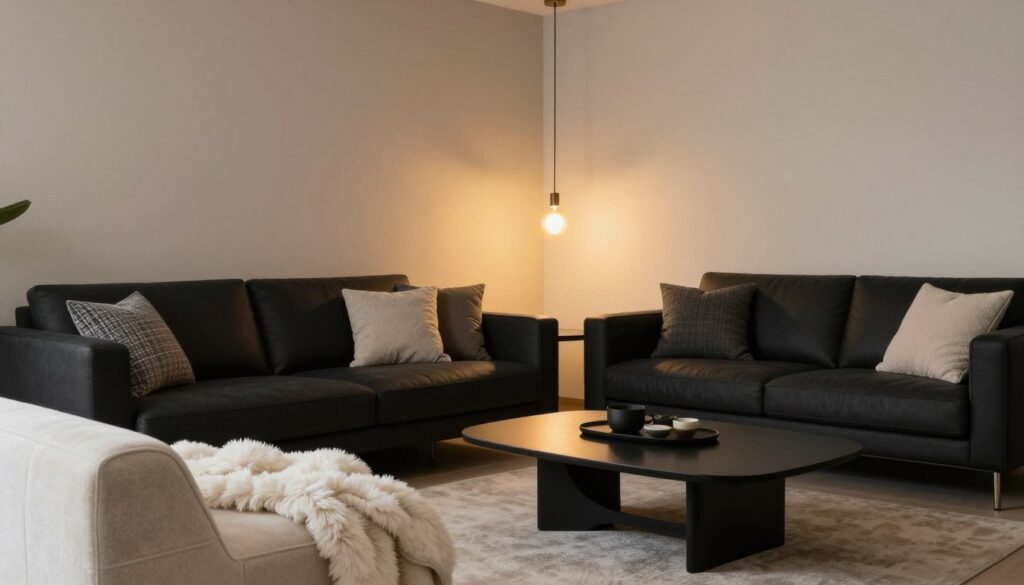 A beautifully designed interior featuring a cozy living space with dark furniture, such as a sleek black sofa and minimalist black coffee table. In the foreground, soft textures like a fluffy white throw blanket and varied textured cushions invite comfort. The middle ground showcases a warm lighting scheme, with stylish pendant lights casting a golden glow, enhancing the interplay of shadows and highlights on the surfaces. The background features softly painted walls in muted, earthy tones, such as light beige or soft taupe, perfectly complementing the dark furniture while ensuring a bright and airy feel. The atmosphere is tranquil and sophisticated, with an emphasis on harmony between lighting and texture, creating an inviting ambiance ideal for relaxation and socializing.