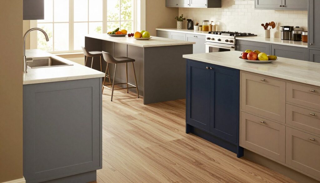 A beautifully designed kitchen showcasing a variety of kitchen furniture colors, emphasizing practicality and style. In the foreground, display elegant cabinets with a mix of matte and glossy finishes in shades like soft gray, deep navy, and muted beige. The middle ground features an inviting kitchen island with bar stools, topped with fresh fruits, exuding a modern yet warm atmosphere. In the background, large windows let in natural light, illuminating the space with a cozy glow. The overall layout should reflect a harmonious color palette that blends seamlessly with the home’s overall aesthetic, creating a feeling of balance and sophistication. Capture this scene from a slightly elevated angle to provide depth and context.