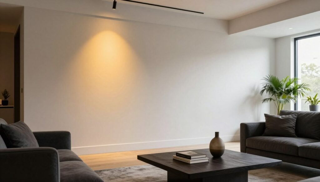 A beautifully designed living room showcasing the effect of lighting on wall colors, focusing on a harmonious balance with dark furniture and light flooring. In the foreground, there's a stylish dark wood coffee table adorned with a modern vase and a few books. The middle section features elegant walls in soft neutral tones that reflect varied lighting conditions, transitioning from warm yellow light to cool white tones, illuminating the textures and hues. The background showcases a large window allowing natural light to filter in, accompanied by some green potted plants that add freshness. The atmosphere is inviting and sophisticated, captured with a wide-angle lens to enhance the spaciousness and light dynamics within the room. The scene emphasizes how lighting can transform the perception of wall colors in home decor.