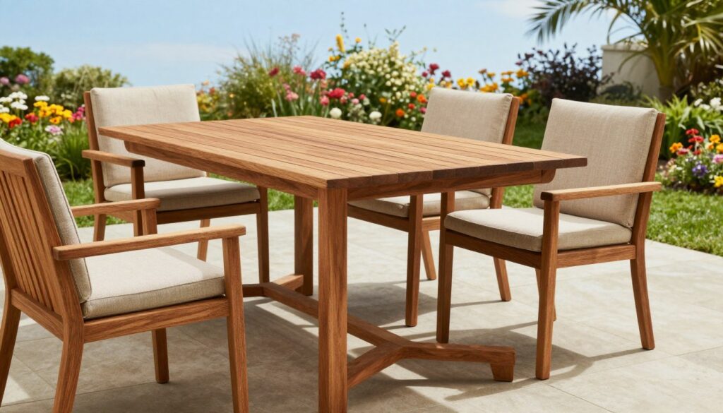 A beautifully designed patio featuring functional outdoor furniture, such as a sleek wooden dining table with comfortable cushioned chairs, arranged in a sun-drenched setting. In the foreground, a close-up of the table showcases its intricate wood grain and sturdy construction details. The middle ground highlights a vibrant garden with colorful flowers and greenery surrounding the patio. In the background, a clear blue sky complements the scene, enhancing its inviting atmosphere. Soft, natural lighting illuminates the furniture, creating gentle shadows that emphasize the craftsmanship. The overall mood is warm and inviting, perfect for relaxing or entertaining guests in a stylish outdoor space. No people are present, ensuring focus remains on the beautiful furniture design.