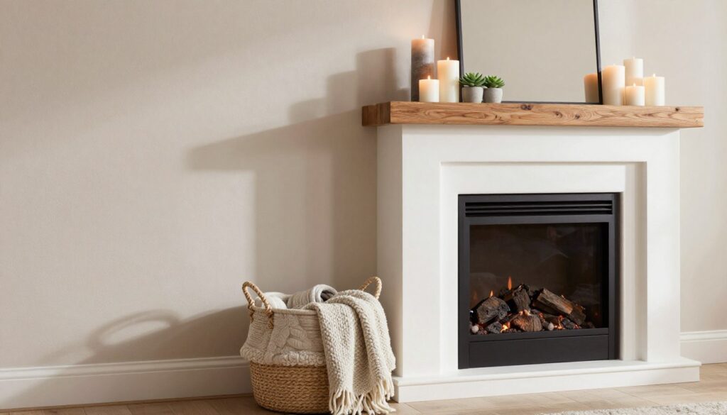 A beautifully styled fireplace decorated for everyday use, showcasing an elegant arrangement that reflects a cozy, modern aesthetic. In the foreground, display tasteful decor items like a rustic wooden mantel with a collection of curated candles in varying heights, and a few small potted succulents for a touch of greenery. In the middle ground, a stylish basket filled with soft, neutral-toned blankets sits beside the fireplace, inviting warmth and comfort. The background features a subtly textured wall, perhaps painted in soft pastels or muted earth tones, illuminated by gentle, natural light streaming through a nearby window, casting delicate shadows. The overall mood is serene and inviting, perfect for year-round ambiance. Capture the scene from a slightly elevated angle to enhance depth and organization. A beautifully styled fireplace decorated for everyday use, showcasing an elegant arrangement that reflects a cozy, modern aesthetic. In the foreground, display tasteful decor items like a rustic wooden mantel with a collection of curated candles in varying heights, and a few small potted succulents for a touch of greenery. In the middle ground, a stylish basket filled with soft, neutral-toned blankets sits beside the fireplace, inviting warmth and comfort. The background features a subtly textured wall, perhaps painted in soft pastels or muted earth tones, illuminated by gentle, natural light streaming through a nearby window, casting delicate shadows. The overall mood is serene and inviting, perfect for year-round ambiance. Capture the scene from a slightly elevated angle to enhance depth and organization.