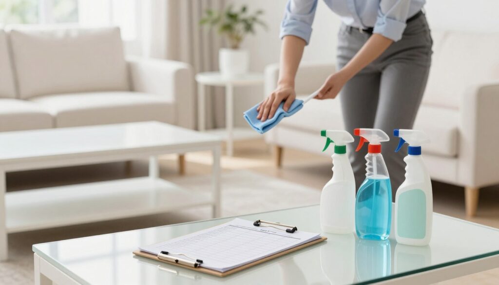 A bright, modern living space featuring elegant matte white furniture, such as a sofa, coffee table, and side tables. In the foreground, a cleaning schedule on a clipboard rests elegantly on a glass surface, with various eco-friendly cleaning supplies organized neatly beside it. The middle ground showcases a person in professional casual attire, carefully wiping down the furniture with a microfiber cloth, demonstrating the proper cleaning technique. The background displays soft natural lighting streaming in through large windows, creating a warm, inviting atmosphere. The mood is fresh and tidy, reflecting the importance of regular cleaning frequency to maintain the pristine condition of matte white surfaces. The composition should be well-balanced, capturing both the cleaning action and the upscale, clean aesthetic of the room.