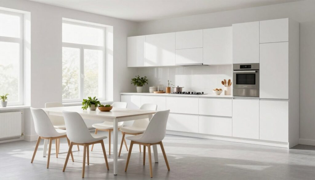 A bright, spacious kitchen featuring sleek white cabinetry and modern white furniture, accentuated by elegant stainless steel appliances. The foreground showcases a minimalist dining table with stylish chairs arranged around it, creating an inviting atmosphere. In the middle, the kitchen counter is adorned with fresh herbs and decorative items, enhancing the sense of warmth and homeliness. The background reveals a light gray floor that complements the white furniture, contributing to an illusion of space. Soft, natural light streams through large windows, casting gentle shadows and illuminating the scene. The overall mood is airy and contemporary, emphasizing how white furniture can visually enlarge the interior. No people or distracting elements are present, ensuring a clean and focused composition.