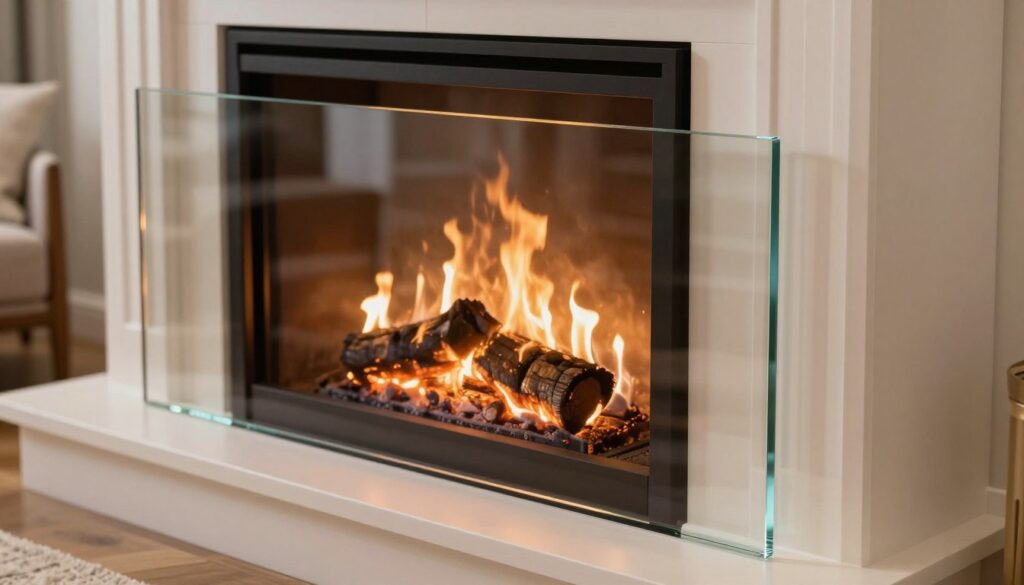 A close-up image of a highly detailed, heat-resistant fireplace glass panel, showcasing its sleek edges and pristine surface. The panel is displayed against a backdrop of a modern fireplace installation, with warm, glowing embers and flickering flames providing a cozy ambiance. Soft, natural lighting highlights the clarity and thickness of the glass, emphasizing its durability and reflective quality. In the background, subtle hints of a contemporary living room set up, with elegant furnishings and a neutral color palette, create an inviting atmosphere. The image captures the essence of choosing the right glass thickness for fireplace safety and aesthetic appeal, inviting viewers to appreciate the craftsmanship and importance of such a feature.