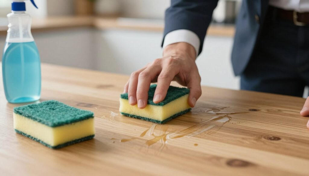 A close-up scene depicting a wooden table with visible marker stains, highlighting common mistakes while attempting to clean them. In the foreground, a slightly worn-out sponge and a bottle of cleaning solution sit beside the mark, showing signs of improper cleaning techniques. The middle ground features a hand in a professional business attire holding the sponge, with streaks and smudges on the table’s surface that illustrate ineffective cleaning efforts. The background is softly blurred, showing a well-lit, modern kitchen environment. The atmosphere feels slightly tense, emphasizing the frustration of cleaning mistakes. The lighting is bright, showcasing details of wood texture and the cleaning process, adding depth to the image.