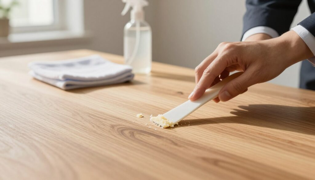 A close-up scene of a wooden surface, where a person in professional business attire gently scrapes away dried wax residue with a plastic scraper. The focus is on the textured grain of the wood, visibly showing remnants of wax in a warm, soft light that highlights its natural beauty. In the background, a minimalistic cleaning setup is visible, featuring a microfiber cloth and a gentle cleaning solution bottle, all arranged neatly. Natural sunlight filters in from a nearby window, casting a serene glow on the scene. The atmosphere is calm and organized, emphasizing the care taken in cleaning the surface without scratching or discoloration, suitable for a home or office environment.