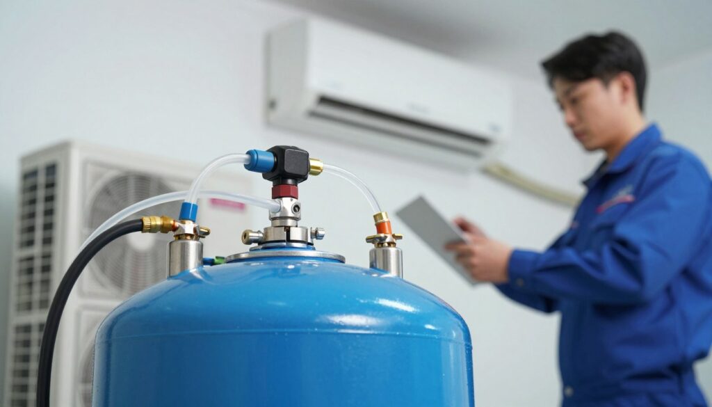 A close-up view of R32 refrigerant in a modern air conditioning system, showcasing its vibrant blue color contained in a sleek metal canister. The foreground features detailed, shiny equipment components with transparent tubing illustrating the flow of air and refrigerant. In the middle ground, a technician in professional attire carefully monitors the system, exuding a sense of expertise and focus. In the background, a high-tech indoor unit is installed seamlessly on a wall, with soft ambient lighting highlighting the innovation in HVAC technology. The atmosphere is clean and professional, emphasizing the modernity and efficiency of air conditioning systems and the critical role of R32 refrigerant in environmental sustainability. The image should capture the essence of advanced HVAC technology and the importance of refrigerants in contemporary systems.