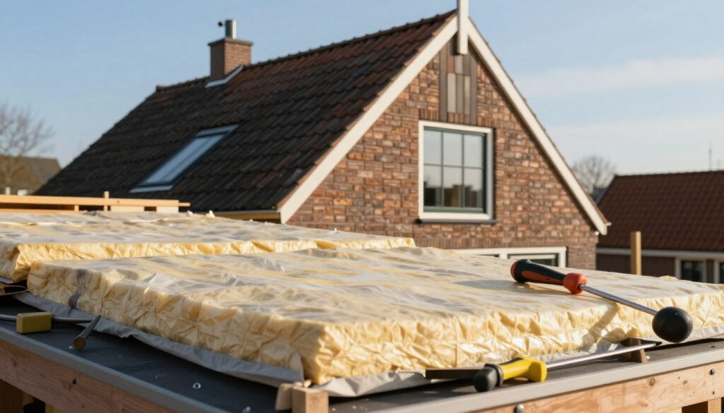 A close-up view of a Dutch house, focusing on the roof's insulation to illustrate heat retention methods. The foreground showcases a well-fitted insulation barrier, surrounded by tools of construction scattered thoughtfully. In the middle ground, the sturdy, traditional Dutch architecture of the house is highlighted, with warm-toned shingles and energy-efficient windows that reflect sunlight. The background reveals a clear blue sky, suggesting a crisp yet sunny day, enhancing the atmosphere of comfort and warmth. Soft lighting casts gentle shadows, creating an inviting and informative mood. The angle is slightly elevated, providing a comprehensive perspective on the roofing techniques aimed at preventing heat loss. No text or branding elements are present.