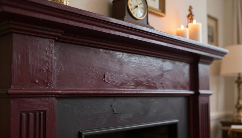 A close-up view of a beautifully painted fireplace surface, showcasing glossy, heat-resistant paint in rich hues of charcoal and deep burgundy. The foreground features intricate brush strokes and texture, emphasizing the quality of the finish, as small specks of soot hint at the fireplace's use. In the middle ground, the fireplace is framed by classic mantelpieces, adorned with elegant decorative items such as a vintage clock and a set of tealight candles, casting a warm, inviting glow. The background reveals a cozy, well-lit living room with soft lighting, enhancing the intimate atmosphere. The camera angle is slightly tilted downward, capturing both the craftsmanship of the painted surface and the surrounding decor, creating a comforting and refined mood without any human figures or distracting elements. A close-up view of a beautifully painted fireplace surface, showcasing glossy, heat-resistant paint in rich hues of charcoal and deep burgundy. The foreground features intricate brush strokes and texture, emphasizing the quality of the finish, as small specks of soot hint at the fireplace's use. In the middle ground, the fireplace is framed by classic mantelpieces, adorned with elegant decorative items such as a vintage clock and a set of tealight candles, casting a warm, inviting glow. The background reveals a cozy, well-lit living room with soft lighting, enhancing the intimate atmosphere. The camera angle is slightly tilted downward, capturing both the craftsmanship of the painted surface and the surrounding decor, creating a comforting and refined mood without any human figures or distracting elements.