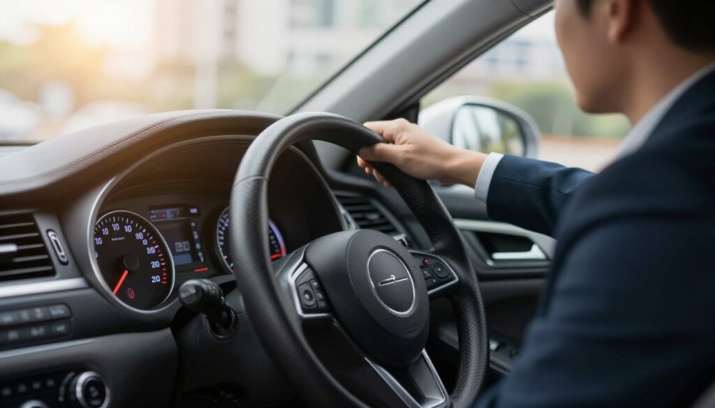 A close-up view of a car dashboard displaying a fuel consumption gauge, where the needle indicates a higher fuel usage. In the foreground, the speedometer and climate control knobs are visible, highlighting the connection between air conditioning and fuel consumption. The middle section shows the steering wheel and the driver in professional attire, focused on the road ahead. The background features a blurred cityscape with sunlight filtering through the windshield, creating a warm, informative atmosphere. The lighting is soft yet vibrant, enhancing the details of the dashboard. The angle is slightly tilted for a dynamic perspective, emphasizing the relationship between driving and fuel efficiency, particularly regarding the impact of air conditioning on engine performance.