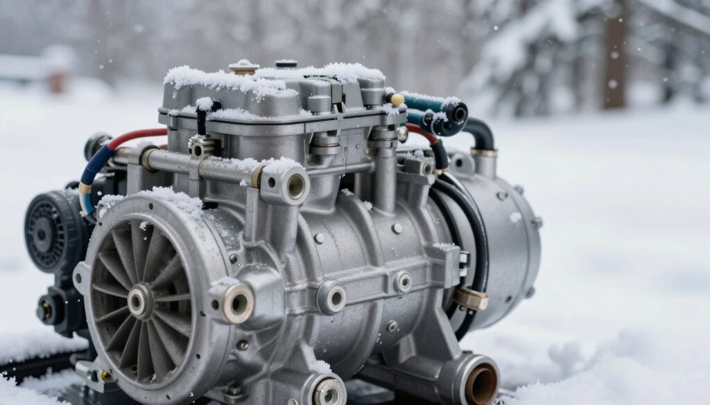 A close-up view of a car's air conditioning compressor, showcasing intricate details such as metal pipes, electrical connections, and the compressor body, set against a backdrop of a snowy winter landscape. The foreground highlights the compressor, emphasizing its mechanical components with frost forming on the surface. In the middle ground, gently falling snow creates a wintry atmosphere while soft, diffused natural light enhances the metallic textures, casting subtle reflections. The background features blurred silhouettes of trees covered in snow, conveying the cold environment. The overall mood is technical and educational, ideal for highlighting the mechanical aspects and challenges faced by the compressor in low temperatures, without any captions or text overlays.