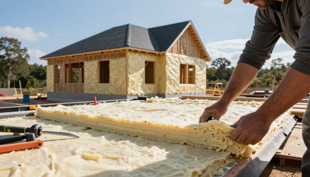 A close-up view of a construction site showcasing the insulation process for a roof and foundation. In the foreground, workers in professional attire are applying a layer of insulation material to a modern roof, while detailed tools and equipment can be seen scattered around. In the middle ground, a partially constructed home reveals exposed foundation walls being sealed with waterproof insulation. The background features a clear blue sky and nearby trees, creating a serene outdoor environment. The lighting is bright and natural, enhancing the texture of the insulation materials. The atmosphere is focused and industrious, depicting careful work and attention to detail in home insulation techniques.