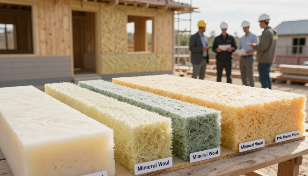 A close-up view of a cross-section of insulation material, showcasing various thicknesses in an organized layout. The foreground displays different types of insulation materials like foam, fiberglass, and mineral wool, with labels indicating their thickness. In the middle ground, a partially constructed house wall illustrates the application of insulation, emphasizing the layering process. The background features a construction site with scaffolding and workers in professional business attire, discussing the budget implications of insulation thickness. Soft, diffused sunlight illuminates the scene, creating a warm and informative atmosphere. The camera perspective is slightly angled to highlight the texture and detail of the insulation materials, emphasizing their importance for energy efficiency and cost-effectiveness.