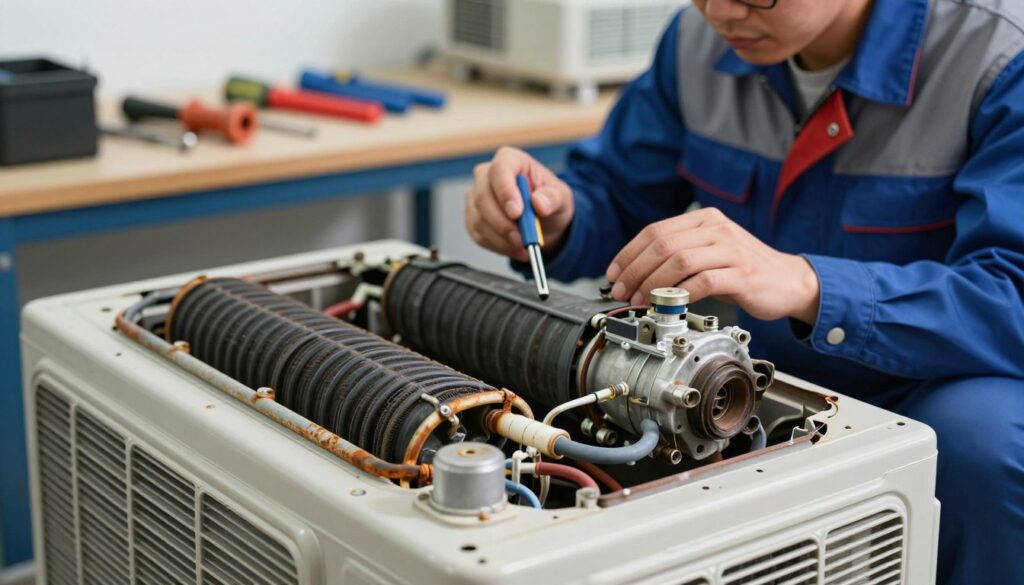 A close-up view of a disassembled air conditioning unit showcasing common cooling component failures. In the foreground, focus on key damaged parts like a corroded condenser coil, a broken compressor, and leaking refrigerant lines, detailed with realistic textures and rust. In the middle ground, include a technician in professional attire examining the components with tools in hand, capturing a sense of focused determination. The background features a softly lit workshop environment with a workbench cluttered with AC repair tools, emphasizing a practical setting. Use soft, diffuse lighting to create a professional, informative mood, highlighting the importance of AC maintenance and repair.