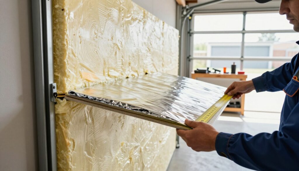 A close-up view of a high-quality garage door insulation material being installed. The foreground showcases a skilled technician, dressed in professional work attire, measuring and cutting the insulation board precisely to fit the garage door frame. In the middle, the thick, textured insulation material, featuring a foil layer for energy efficiency, is being applied against the garage door. The background presents a bright, well-lit garage with tools neatly organized on a workbench and a partially open garage door, allowing natural light to pour in. The overall atmosphere is industrious and focused, highlighting the practical and efficient nature of properly insulating a garage door. A close-up view of a high-quality garage door insulation material being installed. The foreground showcases a skilled technician, dressed in professional work attire, measuring and cutting the insulation board precisely to fit the garage door frame. In the middle, the thick, textured insulation material, featuring a foil layer for energy efficiency, is being applied against the garage door. The background presents a bright, well-lit garage with tools neatly organized on a workbench and a partially open garage door, allowing natural light to pour in. The overall atmosphere is industrious and focused, highlighting the practical and efficient nature of properly insulating a garage door.