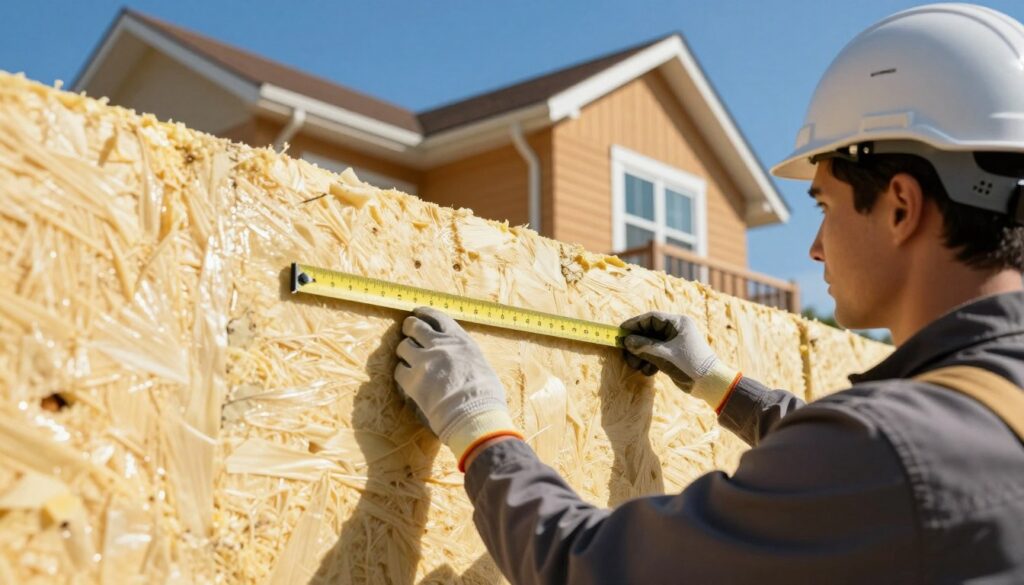 A close-up view of a house being insulated with thick layers of polystyrene foam board. In the foreground, a professional contractor wearing a safety helmet and work gloves carefully measures the insulation thickness with a ruler. The middle ground features the house's exterior, showcasing the freshly installed insulation panels, highlighting the texture and thickness of the material. In the background, a vibrant blue sky contrasts with the warm colors of the house, depicting a sunny day perfect for construction work. The lighting is bright and even, casting soft shadows for a realistic effect. The atmosphere is focused and industrious, capturing the importance of insulation thickness on investment costs in home renovations. A close-up view of a house being insulated with thick layers of polystyrene foam board. In the foreground, a professional contractor wearing a safety helmet and work gloves carefully measures the insulation thickness with a ruler. The middle ground features the house's exterior, showcasing the freshly installed insulation panels, highlighting the texture and thickness of the material. In the background, a vibrant blue sky contrasts with the warm colors of the house, depicting a sunny day perfect for construction work. The lighting is bright and even, casting soft shadows for a realistic effect. The atmosphere is focused and industrious, capturing the importance of insulation thickness on investment costs in home renovations.