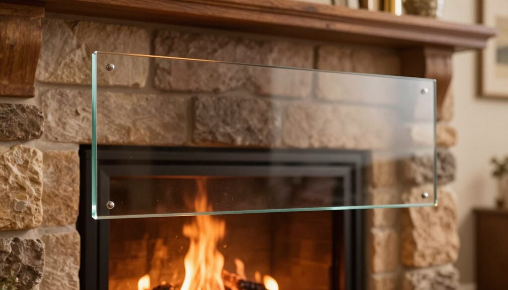 A close-up view of a pristine fireplace glass panel, elegantly framed and exhibiting a subtle reflection of flickering flames. In the foreground, the glass displays its smooth edges and clarity, with small shimmering particles of ash floating in the air nearby. The middle section features the well-maintained hearth, with rich, textured stonework surrounding the fireplace, highlighting warmth and craftsmanship. In the background, soft, ambient lighting creates a cozy atmosphere, enhancing the inviting feel of the living space. The angle captures the glass at a slight tilt, giving depth and allure to the composition. Overall, the image conveys a sense of care and maintenance, essential for long-lasting fireplace glass, promoting warmth and tranquility in the home.