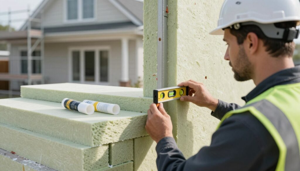 A close-up view of a professional contractor inspecting the outer wall of a house during insulation installation using styrofoam panels. In the foreground, the contractor, wearing a safety helmet and a work vest, is focused on measuring the wall with a level tool. The middle ground features neat stacks of styrofoam panels ready for installation, with adhesive tubes beside them. The background captures a well-maintained house with scaffolding, showcasing the insulation process. Soft natural lighting casts gentle shadows, highlighting the textures of the materials. The mood is one of diligence and professionalism, emphasizing careful preparation and the importance of compliance in home insulation projects.