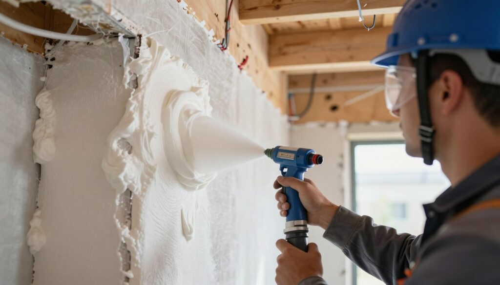A close-up view of a spray-applied PUR foam insulation process in a residential setting. The foreground features a professional worker in a safety helmet and protective gear, carefully applying the foam into wall cavities using specialized equipment. The middle ground showcases the thick, white foam expanding and filling gaps, illustrating its consistency and application technique. In the background, an unfinished room with wooden beams and exposed wiring conveys the renovation context. Bright, natural lighting enhances the scene, creating a clean and efficient atmosphere. The focus is sharp on the insulation process, highlighting the intricacies and technology involved, while the overall composition suggests professionalism and innovation in home insulation.