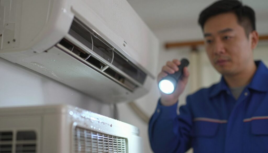 A close-up view of an air conditioning unit, highlighting subtle signs of refrigerant leakage. In the foreground, there are visible telltale signs such as frost build-up around the pipes and small droplets of moisture. In the middle ground, a technician in professional attire examines the unit, equipped with a flashlight to inspect for leaks, reflecting a serious and focused expression. The background shows a dimly lit indoor environment, enhancing the urgency and importance of the inspection. The lighting is soft but focused, creating shadows that emphasize the textures and details of the air conditioning unit. The overall mood is professional and analytical, capturing the critical nature of recognizing HVAC system leaks.