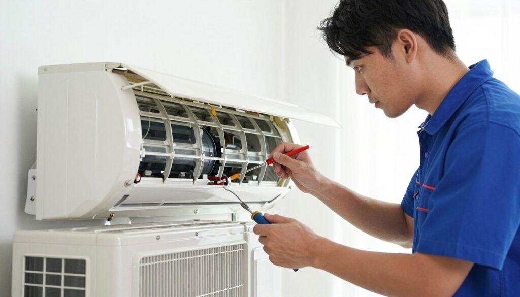 A close-up view of an air conditioning unit undergoing professional servicing in a bright, clean, and modern residential environment. In the foreground, a technician in a neat uniform is inspecting the AC unit with tools in hand, demonstrating attention to detail. The middle ground should feature the air conditioner, well-maintained, with an open panel revealing the internal components, showcasing the importance of regular maintenance for energy savings. In the background, soft natural light filters in through a window, enhancing the atmosphere of diligence and professionalism. The scene conveys a sense of reliability and efficiency, highlighting the crucial role of servicing in reducing energy consumption.