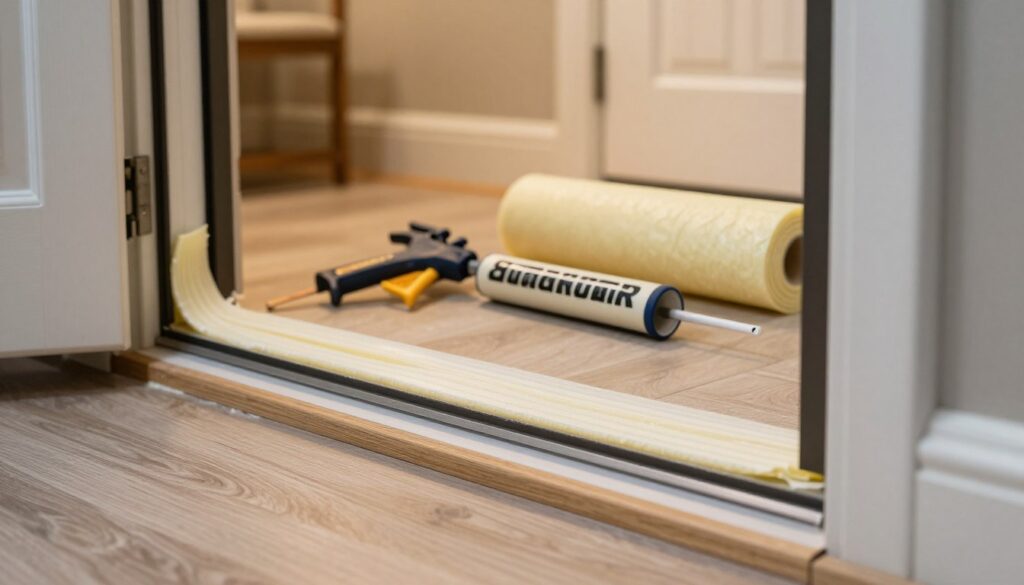 A close-up view of an exterior door being insulated, focusing on the process of adding weatherstripping and insulation materials. The composition features the door in the foreground, showing detailed textures of the wood and the applied insulation. In the middle ground, tools like a caulking gun and insulation rolls are neatly organized, highlighting the home improvement aspect. The background shows a cozy, well-lit entryway with soft, warm lighting to create an inviting atmosphere. Capture the meticulous attention to detail in the installation process, emphasizing the effectiveness of the materials being used, all set against a subtle, neutral backdrop.