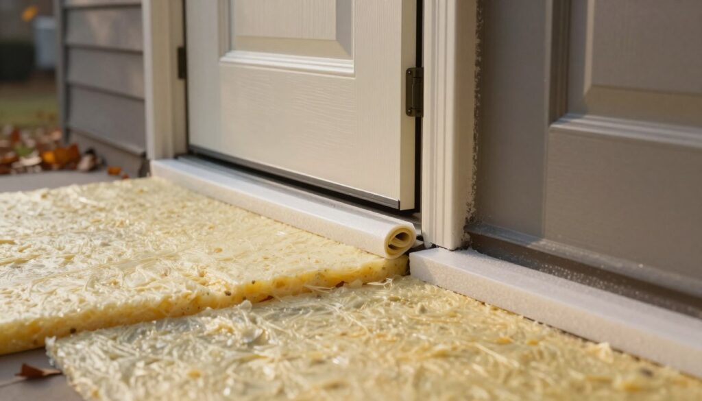 A close-up view of an exterior door showcasing a detailed insulation process. In the foreground, display effective insulating materials like foam panels, weather stripping, and caulking being applied around the door frame, emphasizing texture and color differences. In the middle ground, the door itself should have visible features such as a decorative design and well-fitted seals, illustrating energy efficiency. The background should include a residential setting with subtle autumn leaves, hinting at the chilly weather outside. The lighting should be soft and warm, evoking a cozy atmosphere, taken from a slight angle to capture the depth and layers of insulation being used.