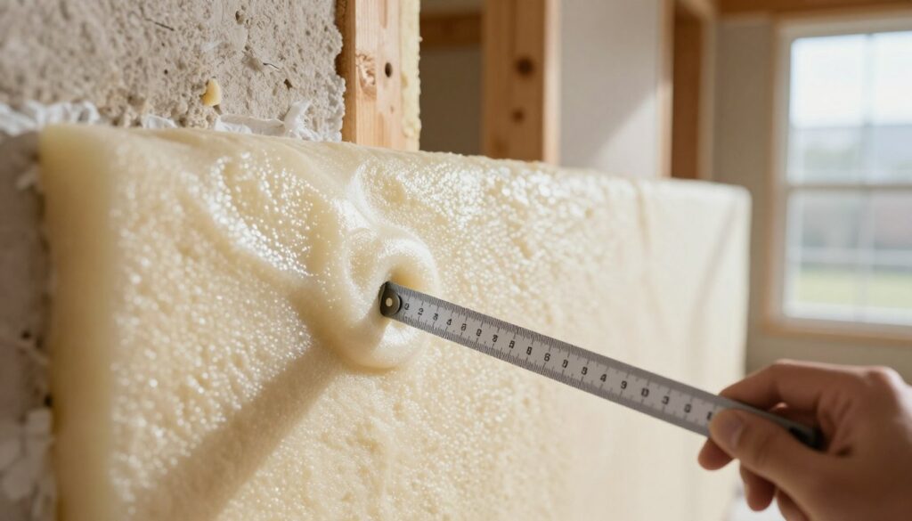 A close-up view of insulation material, showcasing the thickness of a spray foam layer applied to a wall. The foreground features a hand measuring the insulation's depth with a ruler, emphasizing its importance for energy efficiency. In the middle, the smoothly applied foam glistens with a slight sheen, highlighting its texture and density. The background displays a partially constructed home environment with natural light filtering through a nearby window, casting soft shadows. The overall mood is professional and informative, with a clear focus on the significance of insulation thickness. Use a shallow depth of field to bring attention to the measurement process, ensuring the image is bright and well-lit, illustrating the practical application of the insulation in a real-world setting.
