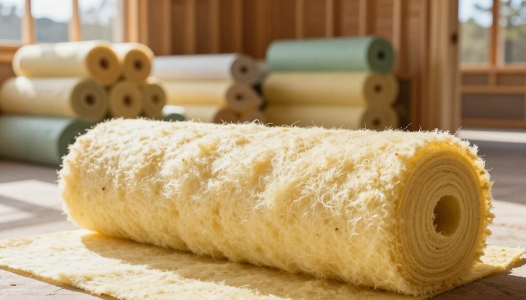 A close-up view of mineral wool insulation, showcasing its fibrous texture and vibrant, fluffy appearance. In the foreground, display a roll of mineral wool unwrapped, revealing its soft, insulating fibers. The middle ground features neatly stacked rolls and batts of insulation, emphasizing their varied thicknesses and colors. In the background, include a partially constructed wooden house, framed with beams, to illustrate the application of the insulation. Natural daylight streams through, casting soft shadows and highlighting the insulation's detail. The overall atmosphere is warm and inviting, conveying a sense of safety and professionalism in home construction. Use a soft-focus lens to create a dreamy effect while keeping the insulation sharply in focus.