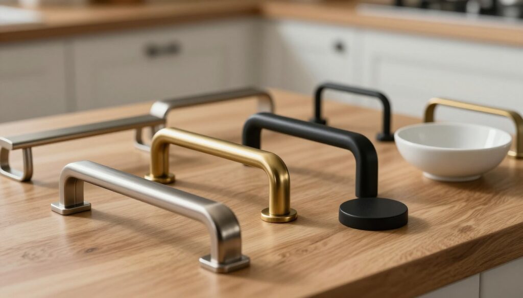 A close-up view of various kitchen cabinet handles displayed on a wooden surface, showcasing popular materials and finishes such as brushed nickel, matte black, polished brass, and ceramic. Highlight the unique textures and colors, emphasizing the sleek design lines of modern handles alongside traditional styles. The lighting should be soft and diffused, creating gentle shadows that accentuate the details and finishes. In the background, a blurred kitchen setting features cabinetry, hinting at where the handles might be used without being distracting. The mood is elegant and contemporary, inviting readers to explore the beauty of functional design in kitchen hardware.