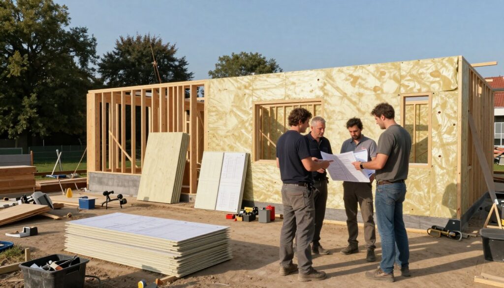 A construction site preparing for insulation work on a Dutch house. In the foreground, a team of three professionals in modest work attire examines blueprints and insulation materials, discussing strategies. In the middle ground, various construction tools are scattered across the ground, with piles of insulation panels neatly organized. A partially constructed wall can be seen, showcasing wooden framing and ready for insulation. The background features a tree line under a clear blue sky, adding a natural touch to the setting. Warm sunlight bathes the scene, creating a bright and positive atmosphere. The angle is slightly above eye level, giving a comprehensive view of the preparation activities.