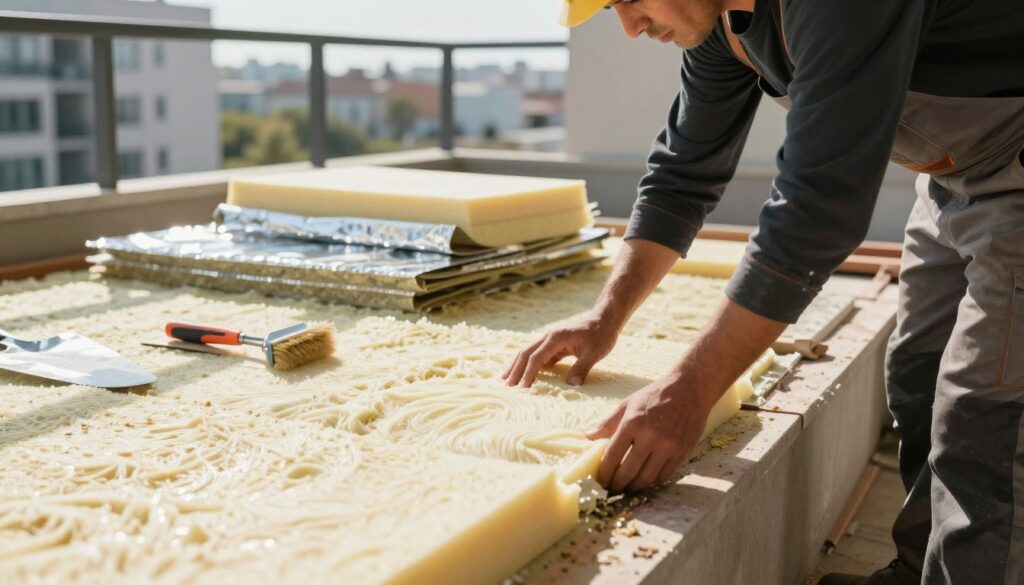 A construction worker, dressed in professional work attire, is meticulously laying layers of insulation on the upper surface of a balcony. The foreground showcases the worker carefully smoothing down the insulation materials, with tools like a trowel and brush nearby. In the middle ground, various insulation layers, such as foam boards and reflective membranes, are stacked neatly, demonstrating the process of effective thermal bridging prevention. The background features a modern urban landscape, slightly blurred to emphasize the work being done. Natural sunlight casts soft shadows, creating a warm and focused atmosphere. The scene is shot from a low angle, highlighting the worker’s dedication and the intricate details of the insulation process, while ensuring the absence of any text or distractions.