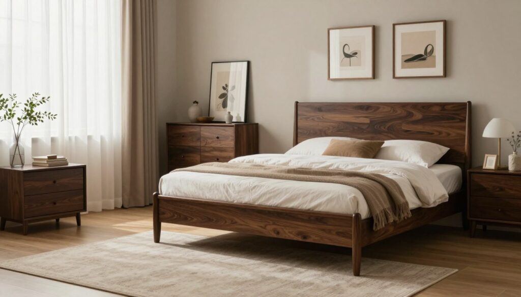 A cozy and inviting bedroom featuring dark wooden furniture, including a stylish bed frame, nightstands, and a dresser. The walls are painted in a warm, soft beige or light gray that harmonizes with the dark wood, enhancing the spacious feel. Natural light filters in through sheer curtains, creating a soothing ambiance. In the foreground, a plush area rug in muted tones adds comfort. The middle-ground showcases well-arranged furniture, while the background includes subtle decorative elements like framed artwork and indoor plants that add a touch of life. The overall mood evokes tranquility and warmth, ideal for a restful retreat. Mid-angle view to capture the inviting layout and atmosphere.