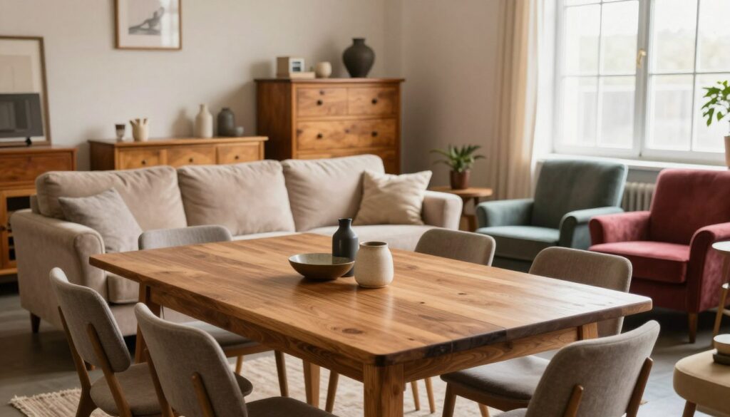 A cozy and inviting interior scene showcasing a well-organized furniture sale. In the foreground, a stylish wooden table with a polished finish is adorned with a few decorative items, surrounded by neatly arranged chairs. In the middle ground, several high-quality pieces of furniture—like a plush sofa, a vintage dresser, and colorful armchairs—are displayed attractively. The background features a warm, softly lit room with a large window allowing natural sunlight to filter in, creating a bright and airy atmosphere. Soft shadows highlight the craftsmanship of the furniture, evoking a sense of quality and care. The mood is friendly and welcoming, perfect for enticing potential buyers to consider purchasing second-hand furniture for additional income.