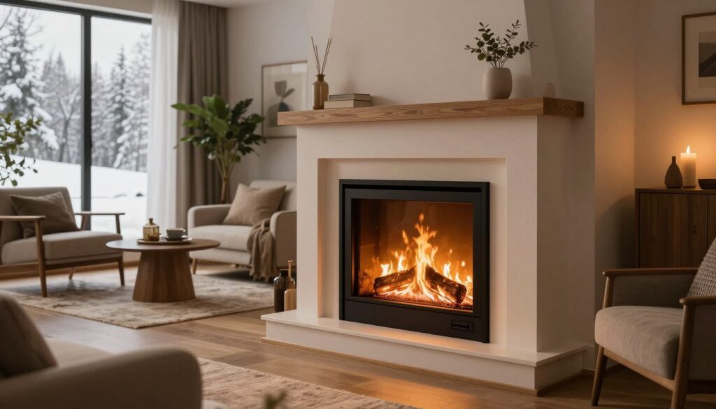 A cozy and modern living room featuring a water jacket fireplace as the focal point, radiating warmth and light. In the foreground, the fireplace is elegantly designed with a sleek, glass-fronted design, flames softly dancing. The middle ground contains a comfortable seating area arranged around the fireplace, with chairs and a small coffee table. Decorative elements include stylish home décor and plants, creating an inviting atmosphere. In the background, large windows let in natural light, showcasing a wintery scene outside. The lighting around the fireplace is warm and ambient, highlighting the textures of the room. Capture the essence of home heating efficiency, demonstrating the device's integration within a contemporary home. The mood is warm, welcoming, and peaceful. A cozy and modern living room featuring a water jacket fireplace as the focal point, radiating warmth and light. In the foreground, the fireplace is elegantly designed with a sleek, glass-fronted design, flames softly dancing. The middle ground contains a comfortable seating area arranged around the fireplace, with chairs and a small coffee table. Decorative elements include stylish home décor and plants, creating an inviting atmosphere. In the background, large windows let in natural light, showcasing a wintery scene outside. The lighting around the fireplace is warm and ambient, highlighting the textures of the room. Capture the essence of home heating efficiency, demonstrating the device's integration within a contemporary home. The mood is warm, welcoming, and peaceful.