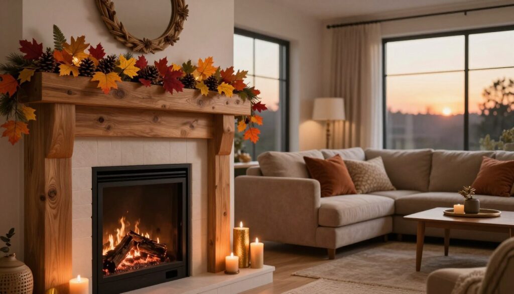 A cozy and stylish interior featuring a beautifully decorated fireplace made of natural wood and adorned with seasonal decorations. In the foreground, a rustic wooden mantle displaying an elegant arrangement of autumn leaves, pinecones, and candles in warm hues of orange and gold. The middle ground features a comfortable seating area with a plush sofa and decorative pillows in earthy tones that complement the wood elements. The background showcases soft, ambient lighting with large windows letting in the warm glow of an evening sunset. The atmosphere is inviting and harmonious, reflecting a blend of modern and traditional styles, perfect for showcasing seasonal decor choices in a stylish living room setting.